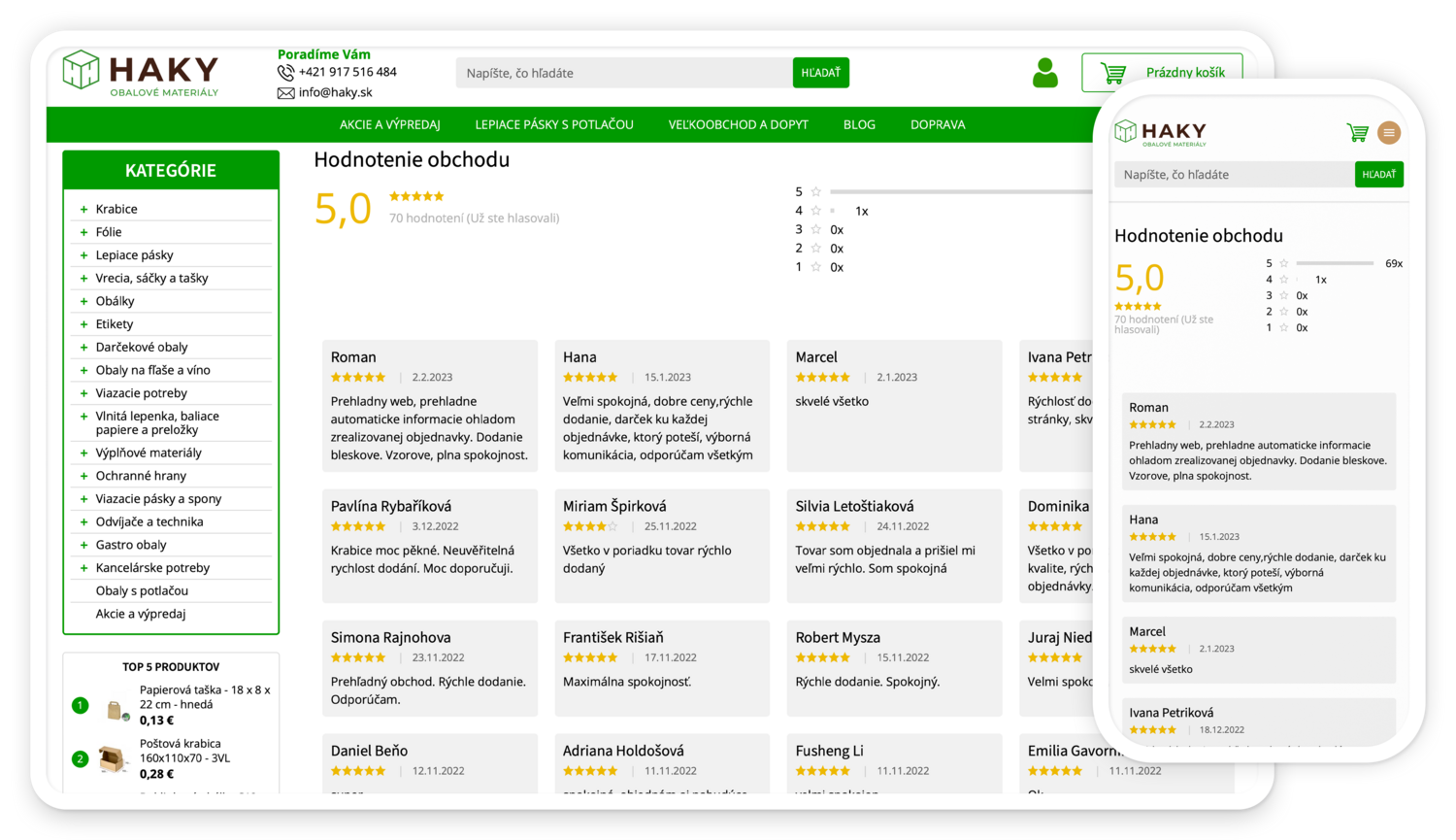 haky.sk - Hodnocení obchodu+ - stránka na PC a mobilu - Dominik Martini